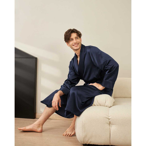 Robe Longue En Soie Luxueuse Classique Pour Homme bleu marine Pyjama homme