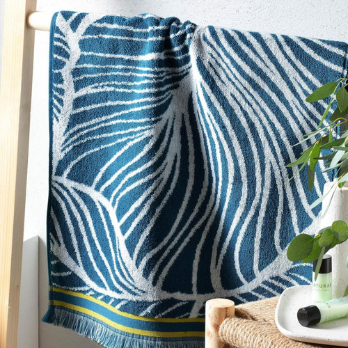 Gant de toilette Coton éponge motifs feuilles EUCALYPTUS Bleu canard Becquet Linge de maison