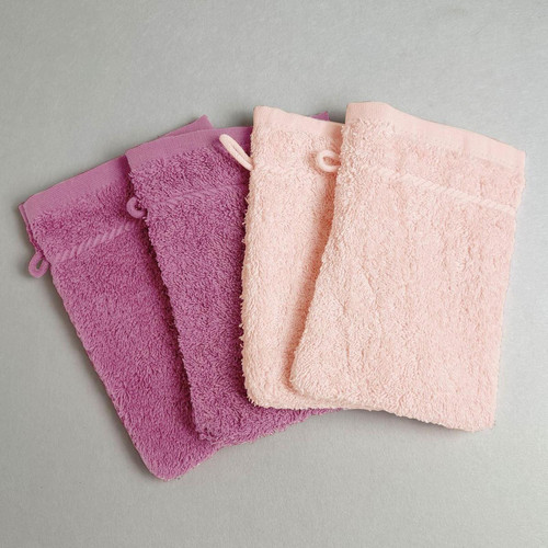 Lot de 4 gants de toilettes Brodés roses Becquet Linge de maison