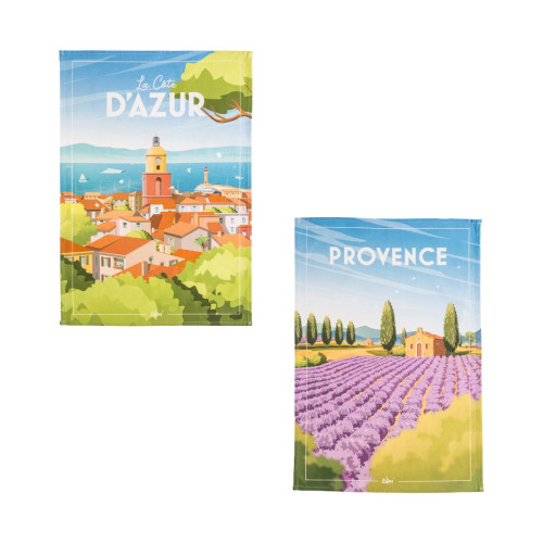 Lot de 2 torchons imprimés en coton, Côte d'Azur et Provence