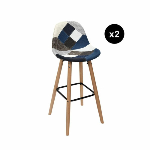 3S. x Home - Lot de 2 Tabourets De Bar Patchwork Bleu Gris - Chaise Et Tabouret Et Banc Design