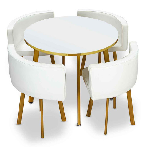 3S. x Home - Table Ronde Et Chaises RIGA Blanc Et Simili Blanc - Table Salle A Manger Design