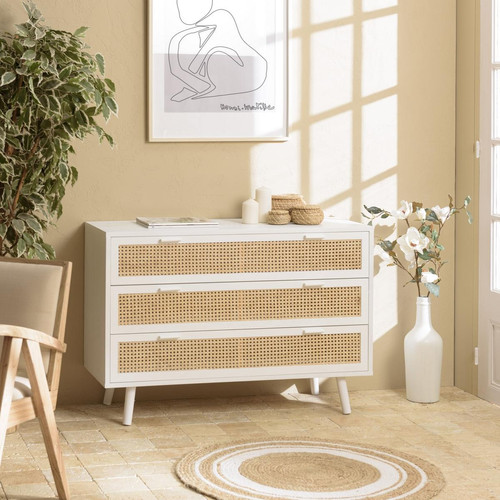 Macabane - Commode blanche 3 tiroirs cannage naturel  - Commodes et chiffonniers blanc