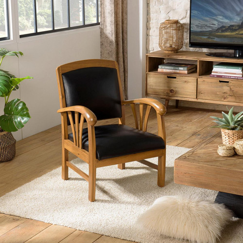 Macabane - Sofa en teck et cuir design colonial - Noir - Macabane meubles & déco