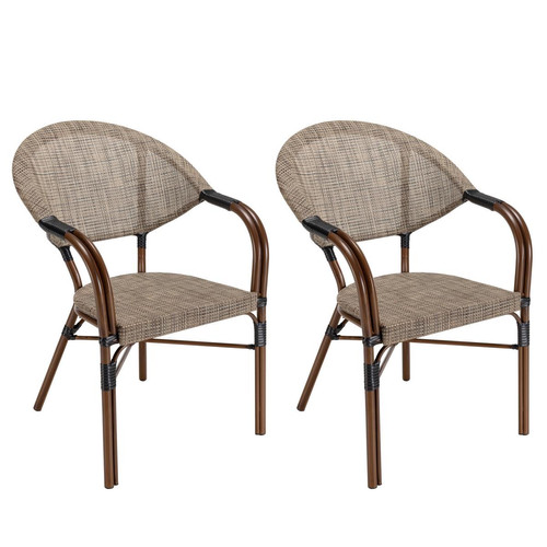 Macabane - Lot de 2 chaises de jardin bistrot en acier textilène taupe VIANNEY - Chaise de jardin