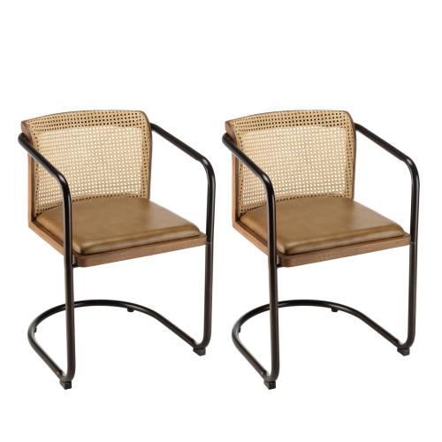 Macabane - Lot de 2 fauteuils manguier assise cuir  - Chaise marron