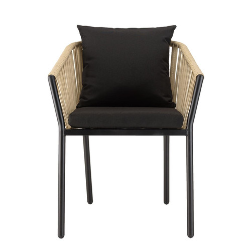 Lot de 6 fauteuils en cordage couleur naturelle coussins noirs MALO MACABANE