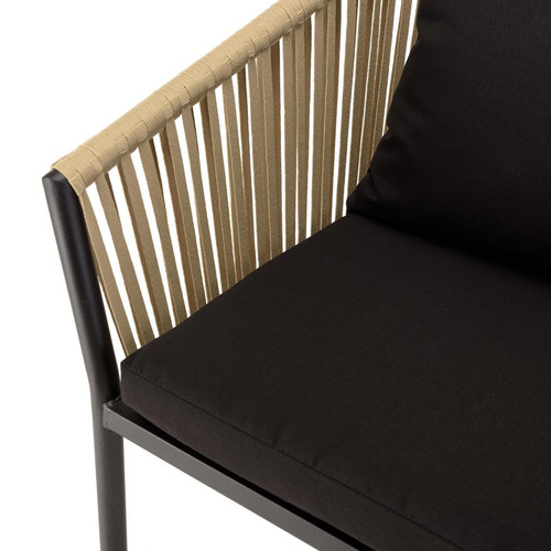 Lot de 6 fauteuils en cordage couleur naturelle coussins noirs MALO Salon de jardin