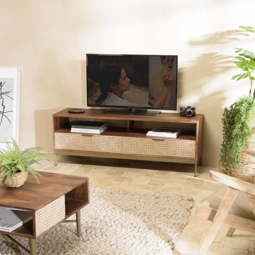 Meuble TV en bois de manguier 2 niches 2 tiroirs ALIX Marron MACABANE Meuble & Déco