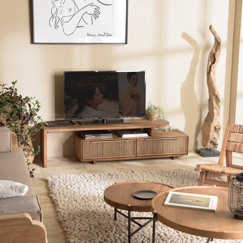 Macabane - Meuble TV modulable 140x40cm 2 tiroirs en bois teck recyclé  - Meuble TV Design