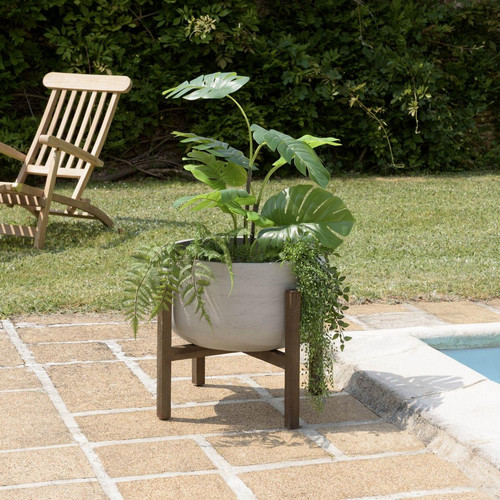Macabane - Pot de fleur rond en béton sur pieds en acacia marron HECTOR - Accessoires de jardin