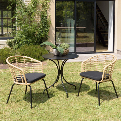 Salon de jardin 2 personnes Table ronde 70x70cm et 2 fauteuils beiges et noires Noir MACABANE Meuble & Déco