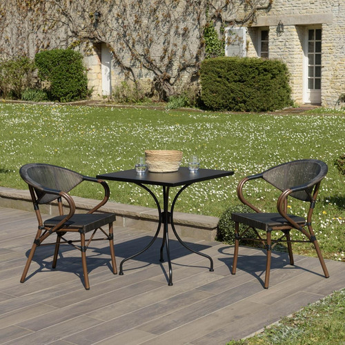 Macabane - Salon de jardin 2 personnes en acier - 1 table carrée 70x70cm et 2 chaises en textilène marron - Salon De Jardin Design