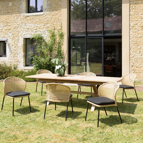 Salon de jardin 6 personnes table rectangulaire et 6 chaises beiges et noires MACABANE