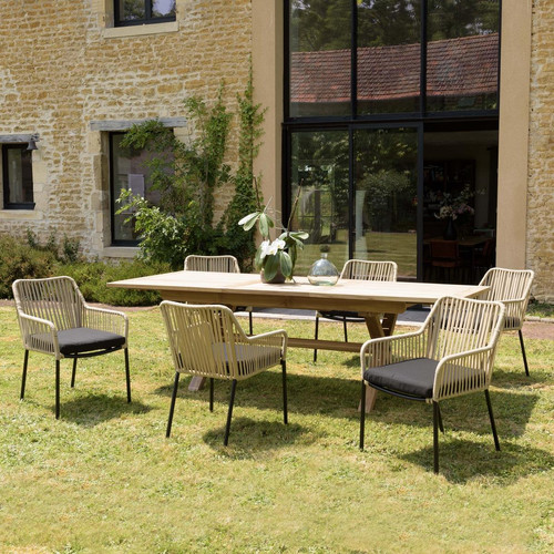 Macabane - Salon de jardin 6 personnes table rectangulaire et 6 fauteuils en cordage beige et noir - Salon De Jardin Design