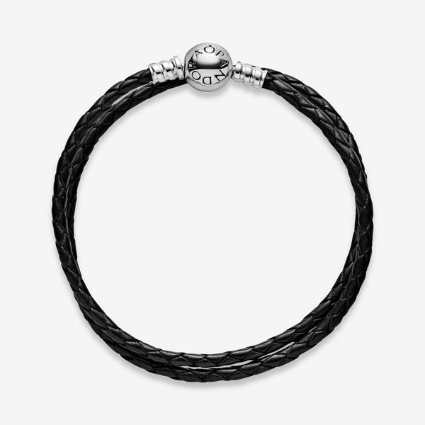 Double Bracelet en Cuir tressé Noir Pandora Bijoux Pandora Mode femme