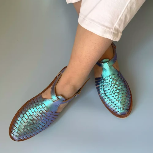 Sandales tressées PEONIA bleu mermaid en cuir Mapache