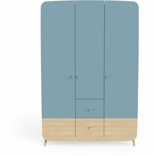 3S. x Home - Armoire 3 Portes + 4 tiroirs FIRMIANA bleu orage et pin naturel - Armoire Design