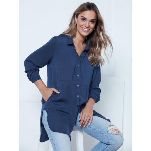 Chemise longue avec poches latérales - Bleue marine Venca Mode femme