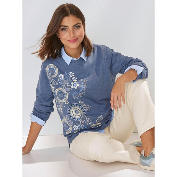Sweat-shirt avec imprimé à l'ourlet arrondi - Bleu en coton Venca Mode femme