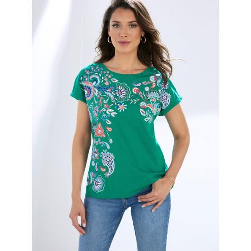 T-shirt à manches courtes avec impression de position vert en coton Venca Mode femme