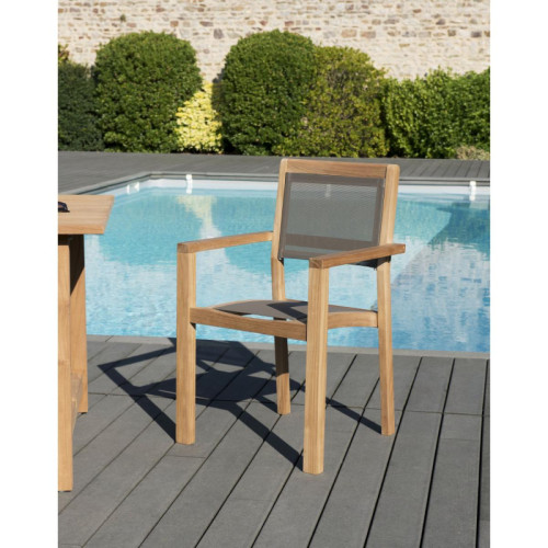 Ensemble de 2 fauteuils jardin empilables en bois teck et textilène couleur taupe MACABANE