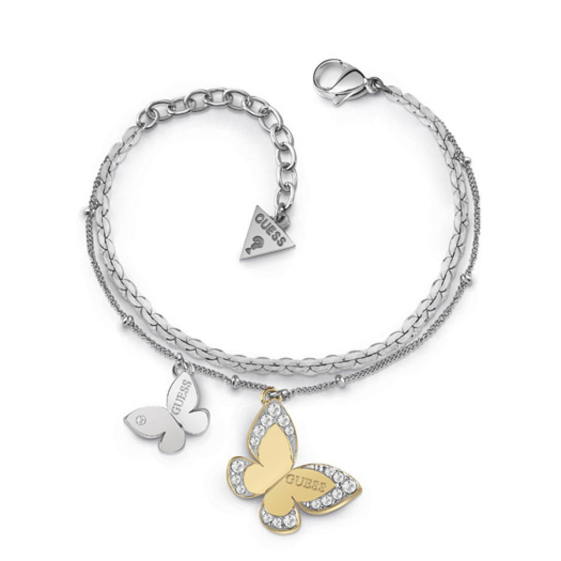 Promo : Bracelet Guess LOVE BUTTERFLY UBB78056 - Bracelet acier double chaîne pampilles papillon doré cristaux Swarovski Guess Bijoux