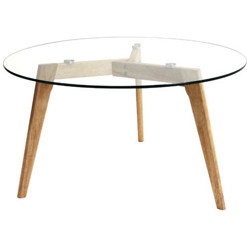 3S. x Home - Table Basse Ronde d80cm en Verre Piétement en Bois Beige MACA - Table Basse Design