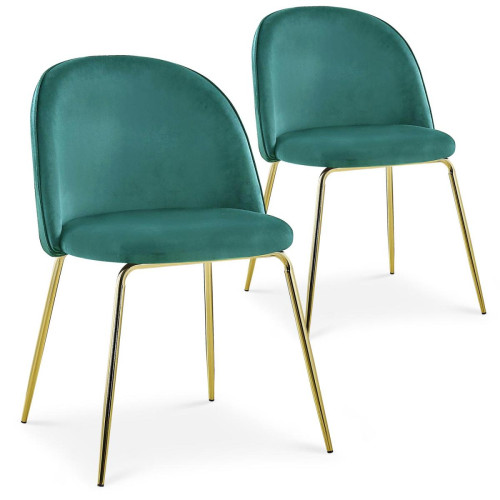 3S. x Home - Lot de 2 chaises en Velours Vert et Piètement Or BROH - Chaise, tabouret, banc