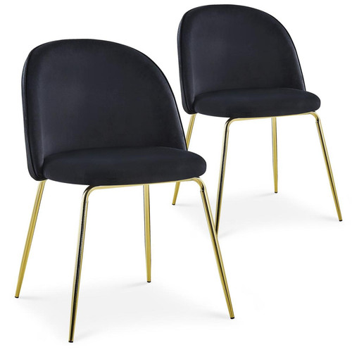 3S. x Home - Lot de 2 chaises en Velours Noir et Piètement Or BROH - Chaise, tabouret, banc