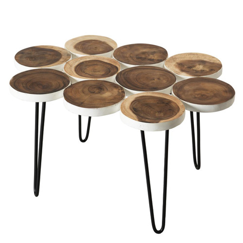 Macabane - Table basse plateau rondelles bois Suar pieds épingles métal 80x55cm Kanpur - Table basse