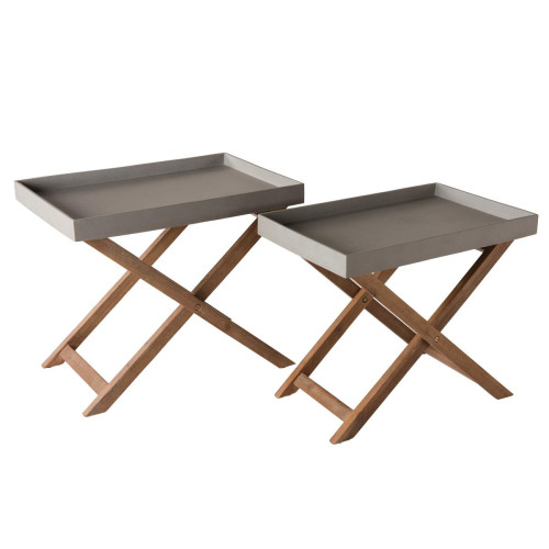 Macabane - Set de 2 tables basses en Résine effet "Béton" pieds croisés en Acacia - Table de jardin