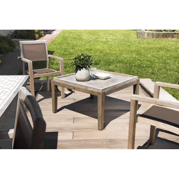 Table basse de jardin carrée béton 83x83 cm pieds en bois Acacia Table de jardin