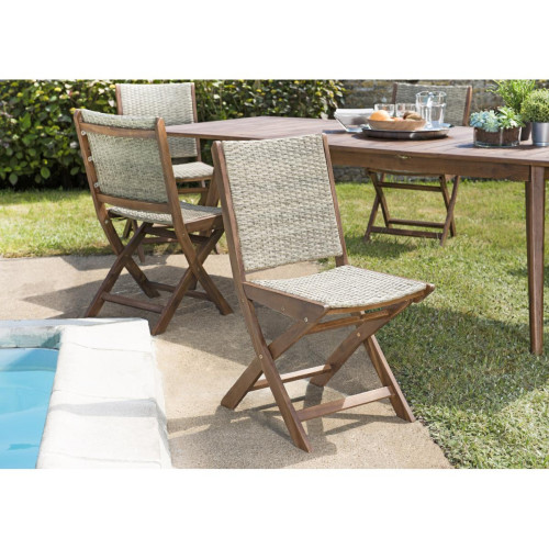 Macabane - Lot de 2 chaises pliantes bois Acacia et rotin synthétique - Chaise de jardin