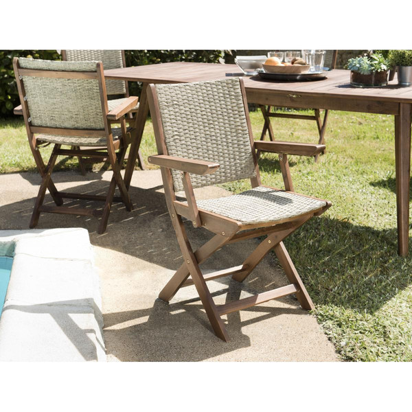 Ensemble de 2 fauteuils de jardin pliants en bois Acacia et rotin synthétique Chaise de jardin