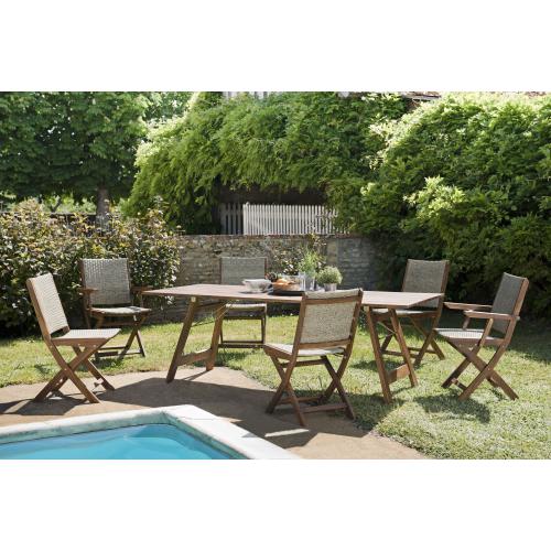 Macabane - Ensemble Table rectangulaire pliante + 4 chaises pliantes + 2 fauteuils pliants - Bois d'Acacia ZANZIBAR - Le jardin