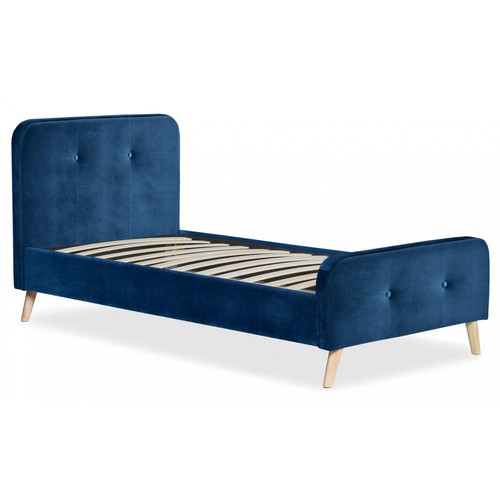 3S. x Home - Lit scandinave avec tête de lit et sommier 90x190cm Velours Bleu MERRYN - Lit Enfant Design