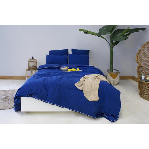 Les signatures - Taie d'oreiller en percale de coton - Bleu marine/passepoil blanc L'Officiel Interiors Linge de maison