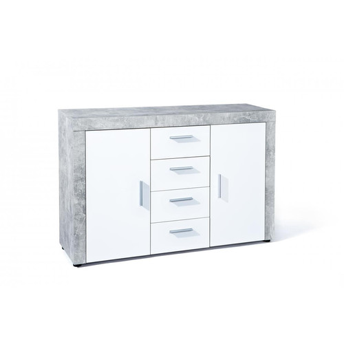 3S. x Home - Commode 4 tiroirs 2 Portes 1 étagère réglable couleur Béton et Blanc FABUN - Soldes Commode