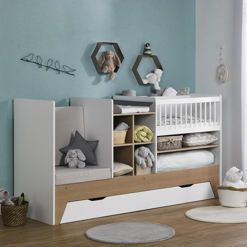 3S. x Home - Lit bébé évolutif combiné Blanc & bois ECRIN - Sommiers Et Lits Design