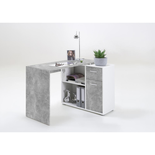 3S. x Home - Bureau angulaire réversible gris béton et blanc OANA - Meuble De Bureau Design