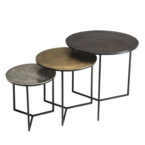 Macabane - Set de 3 tables gigognes aluminium noir doré argenté - pieds métal - JANET - Mobilier Deco