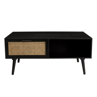 Table basse noire 2 tiroirs cannage 1 niche - MIKEL