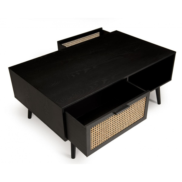 Table basse noire 2 tiroirs cannage 1 niche - MIKEL MACABANE