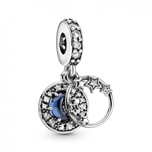 Pandora - Charm Double Pendant Ciel Nocturne Bleu Croissant de Lune & Étoiles Pandora Passions - Argent - Charm pandora