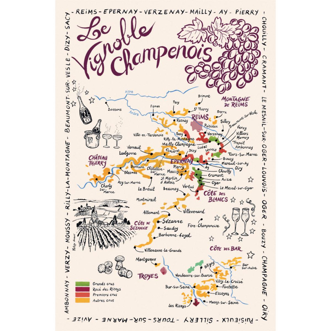 Torchon Rectangulaire Carte de La Champagne Ecru