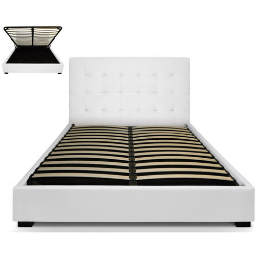 3S. x Home - Lit coffre avec tête de lit capitonnée blanc 160x200 cm - La chambre