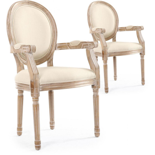 3S. x Home - Lot de 2 Chaises Médaillon Style Louis XVI Tissu Beige HONORE - Chaise Design