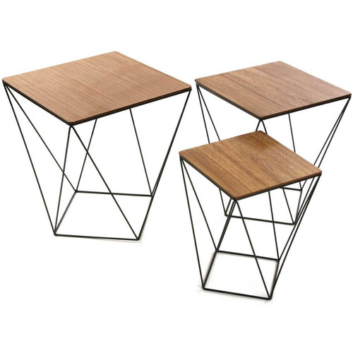 3S. x Home - Set De 3 Tables Gigognes Filaires Carrées En Bois Et Métal  CORONILLE - Promo Table Basse Design