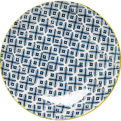 Kare Design - Assiette KARE DESIGN En Porcelaine Bords Jaunes Impressions Géométriques Bleues D25 FERANDINE - Arts De La Table Design